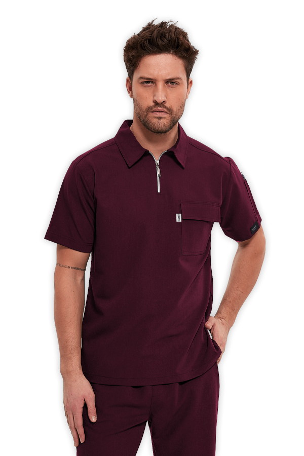 Erkek Scrubs Üst Polo Yaka Fermuarlı – Bordo