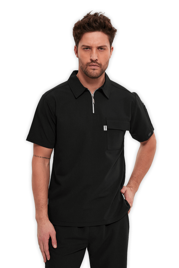 Erkek Scrubs Üst Polo Yaka Fermuarlı – Siyah