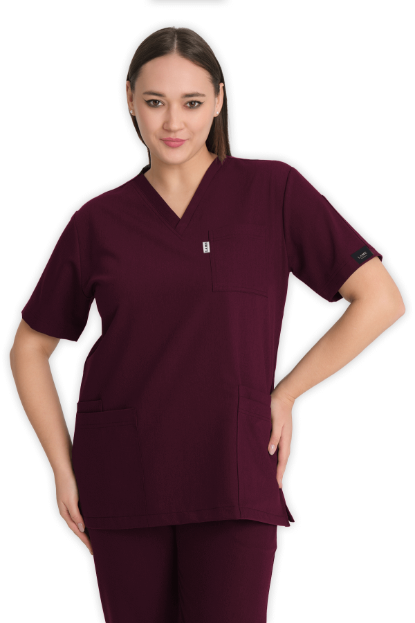Kadın Scrubs Üst 5–Cepli – Bordo