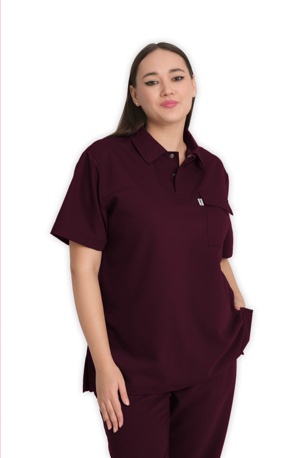 Kadın Scrubs Üst Polo Yaka – Bordo